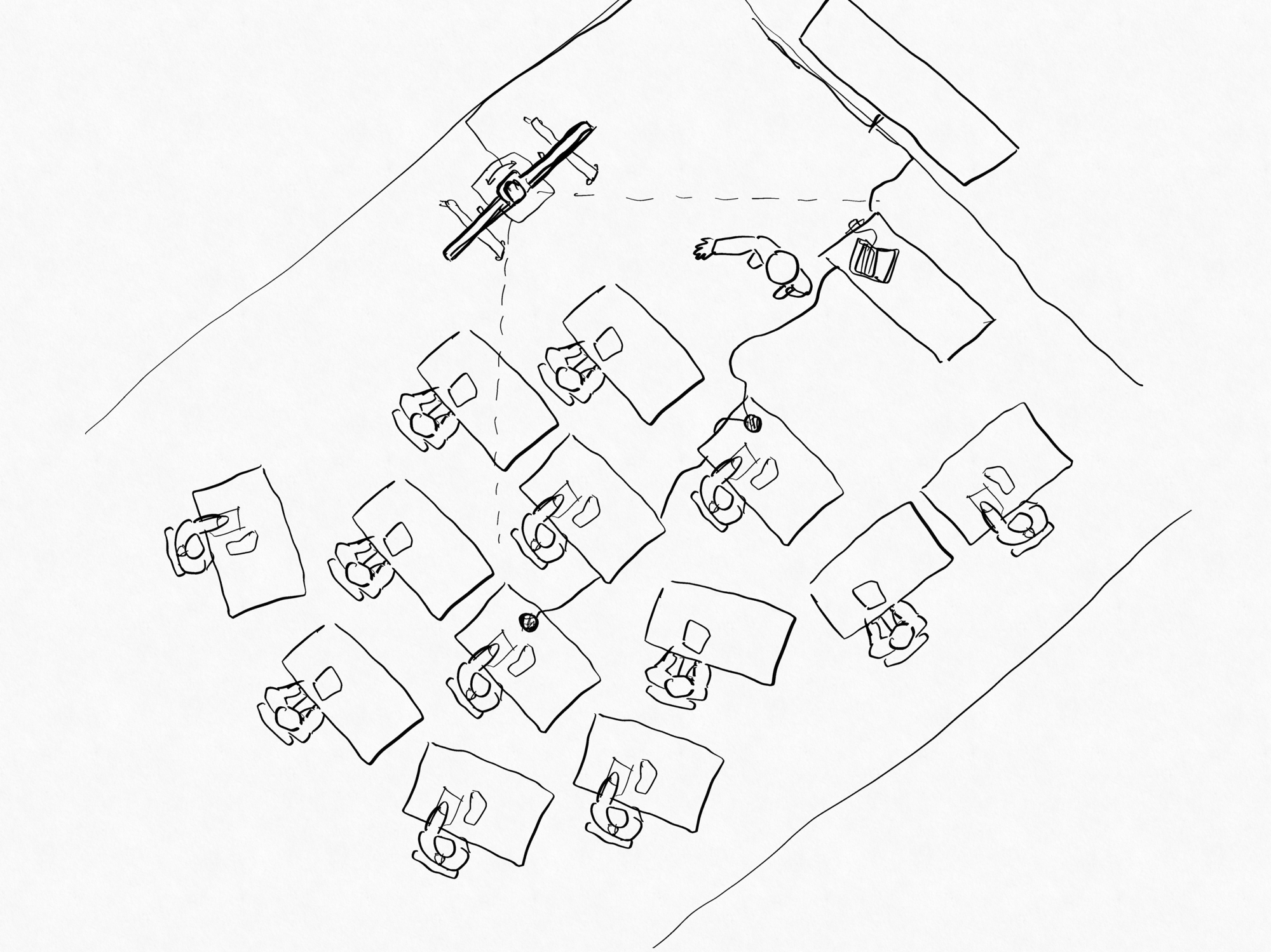 Schematische Darstellung eines Settings in einer hybrid durchgeführten Vorlesung