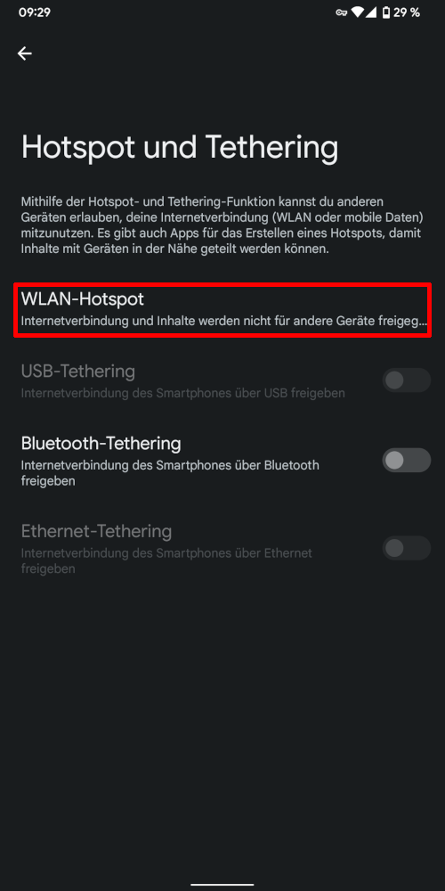 Screenshot: Hotspot und Tethering