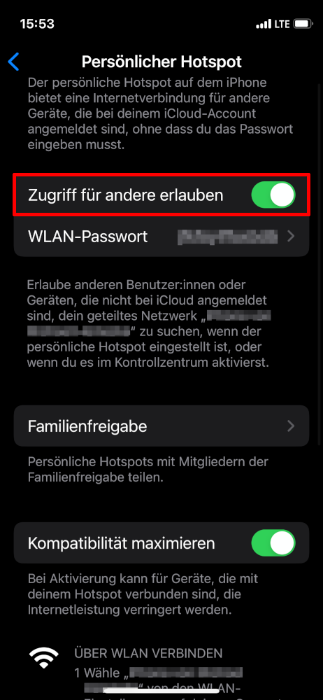 Screenshot: Persönlicher Hotspot