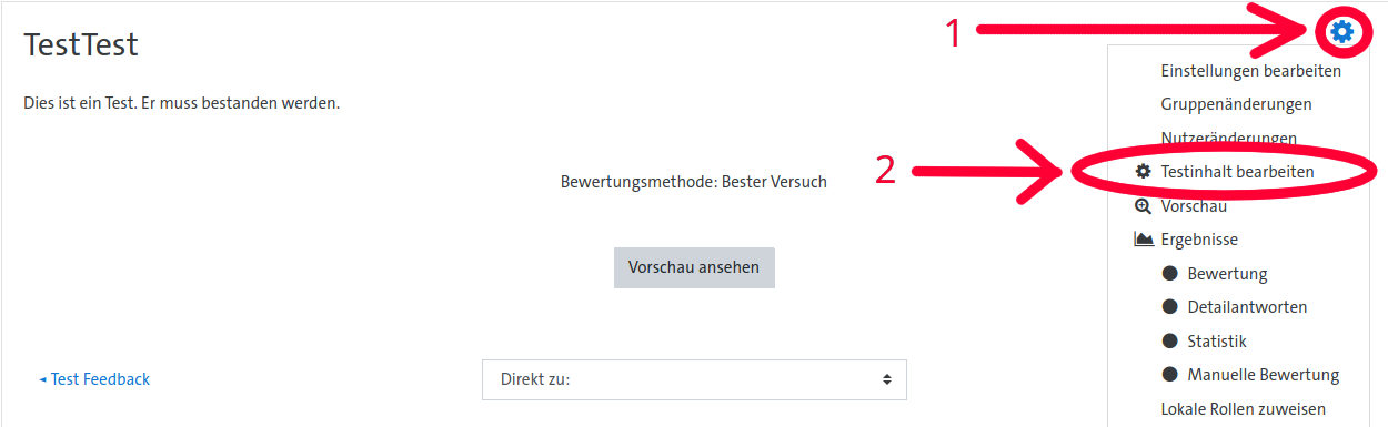 Testinhalt bearbeiten über Zahnradsymbol