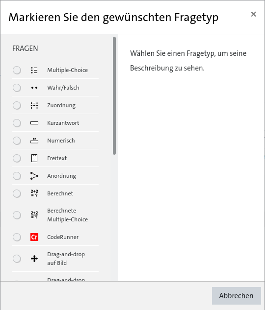Auswahl von möglichen Fragetypen