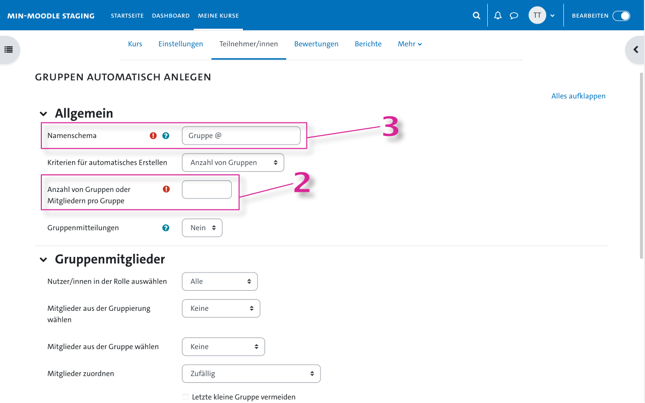 Automatische Aufteilung - Optionen zur automatischen Aufteilung in Gruppen