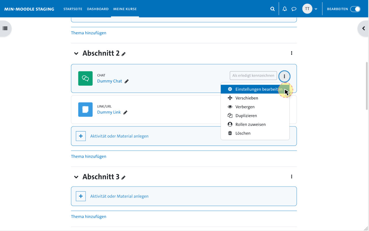 Inhalte für Gruppen - Pfad zu den Einstellungen für Gruppenmodi bei Aktivitäten in MIN-Moodle 2