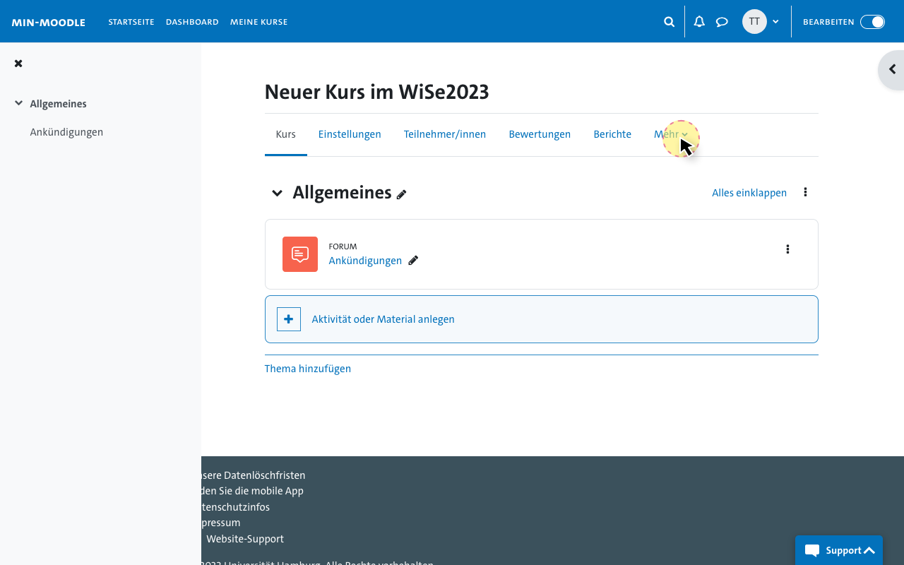 Auswahl Menü - Kurse wiederverwenden