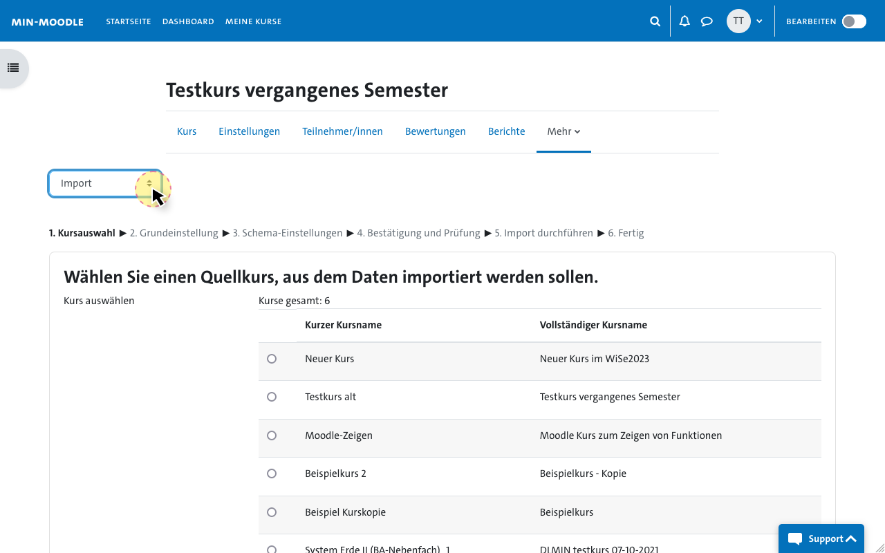 Auswahl-Menü - Kurse wiederverwenden