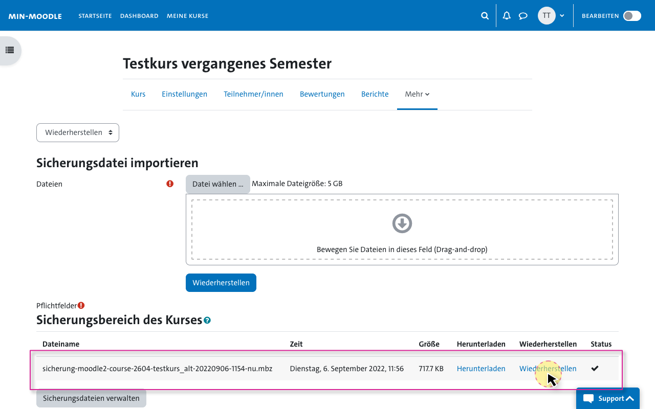 Sicherungsbereich des Kurses