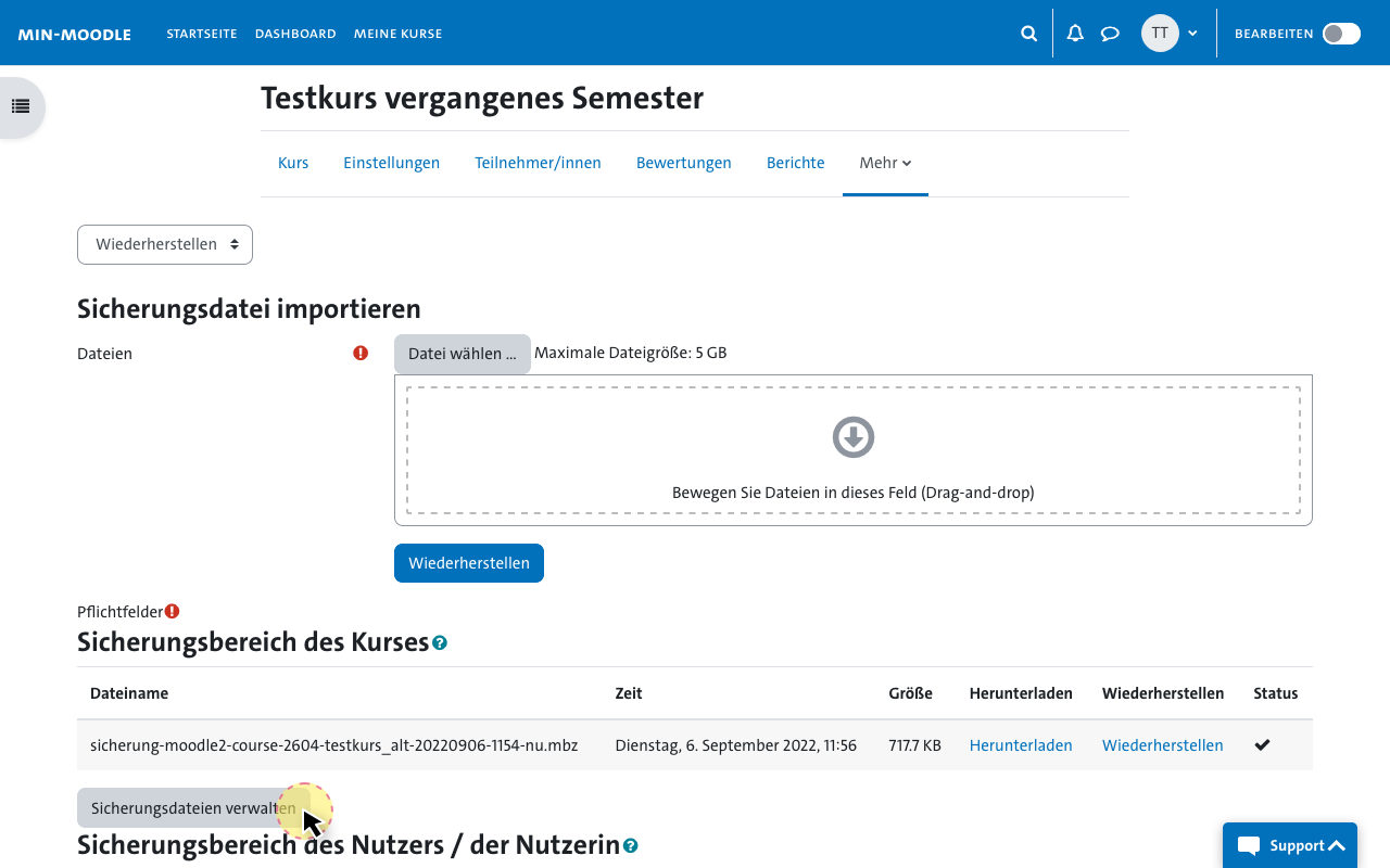 Bereich Sicherungsdateien verwalten