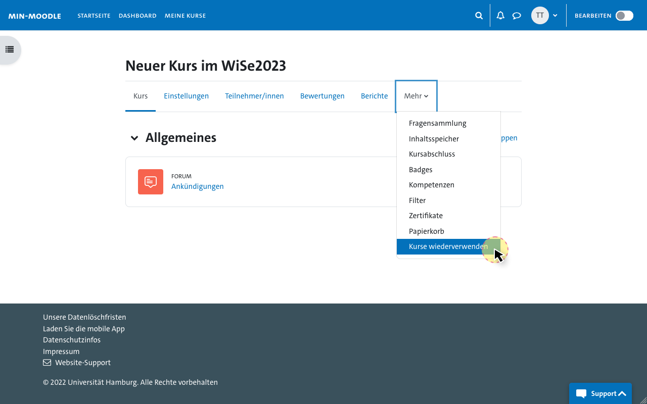 Bereich Kurs wiederherstellen aufrufen