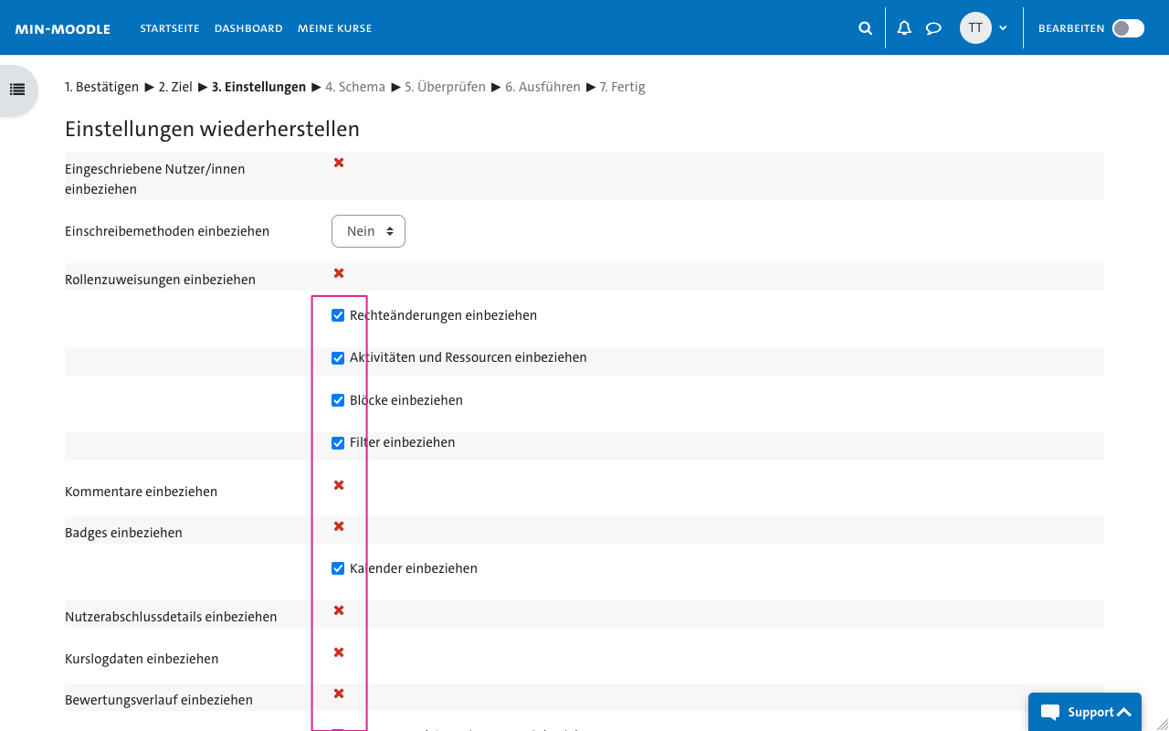 Dialog Sicherung wiederherstellen - 3. Einstellungen und 4. Schema