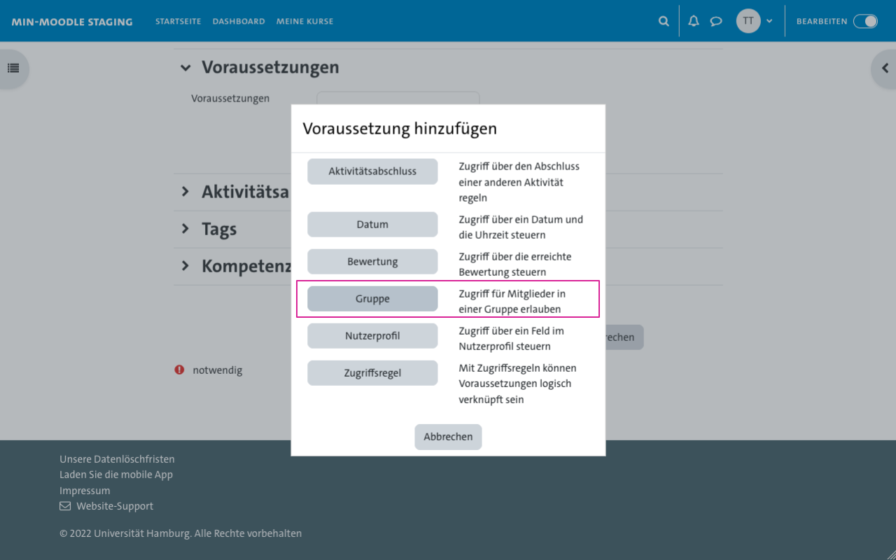 Einschreibung in Gruppe - Voraussetzungen