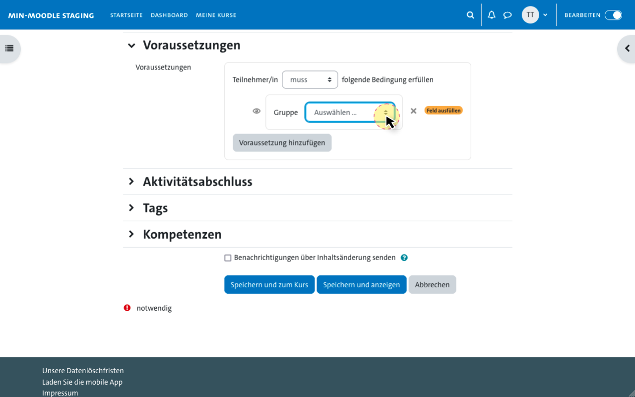 Einschreibung in Gruppe - Gruppe als Voraussetzung