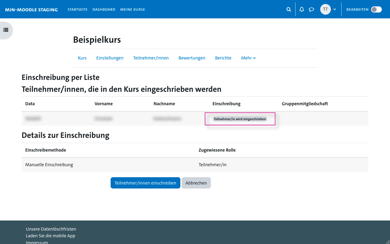 Einschreibung per Liste - Hinweise vor Einschreibung