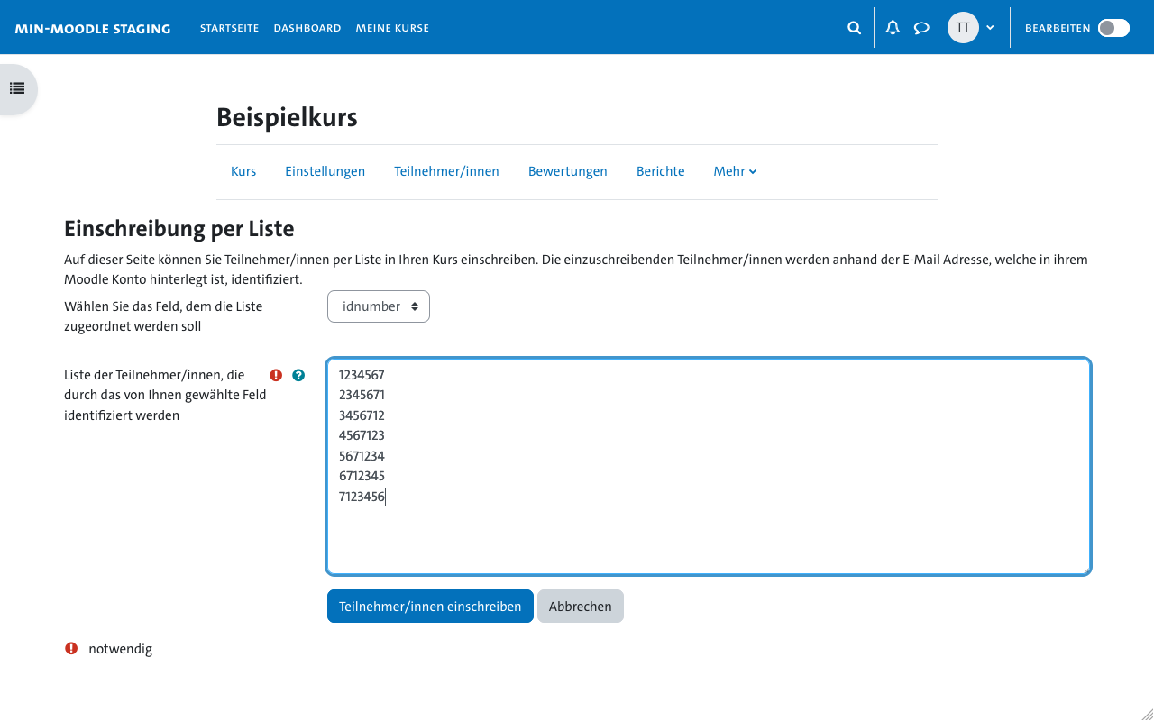 Dialogfenster MIN-Moodle - Einschreibung per Liste