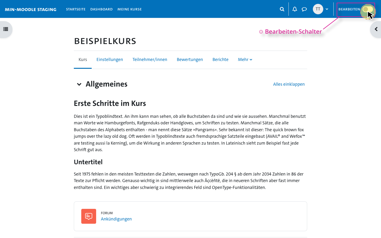 Inhalte hinzufuegen - Bearbeiten-Schalter im Kurs