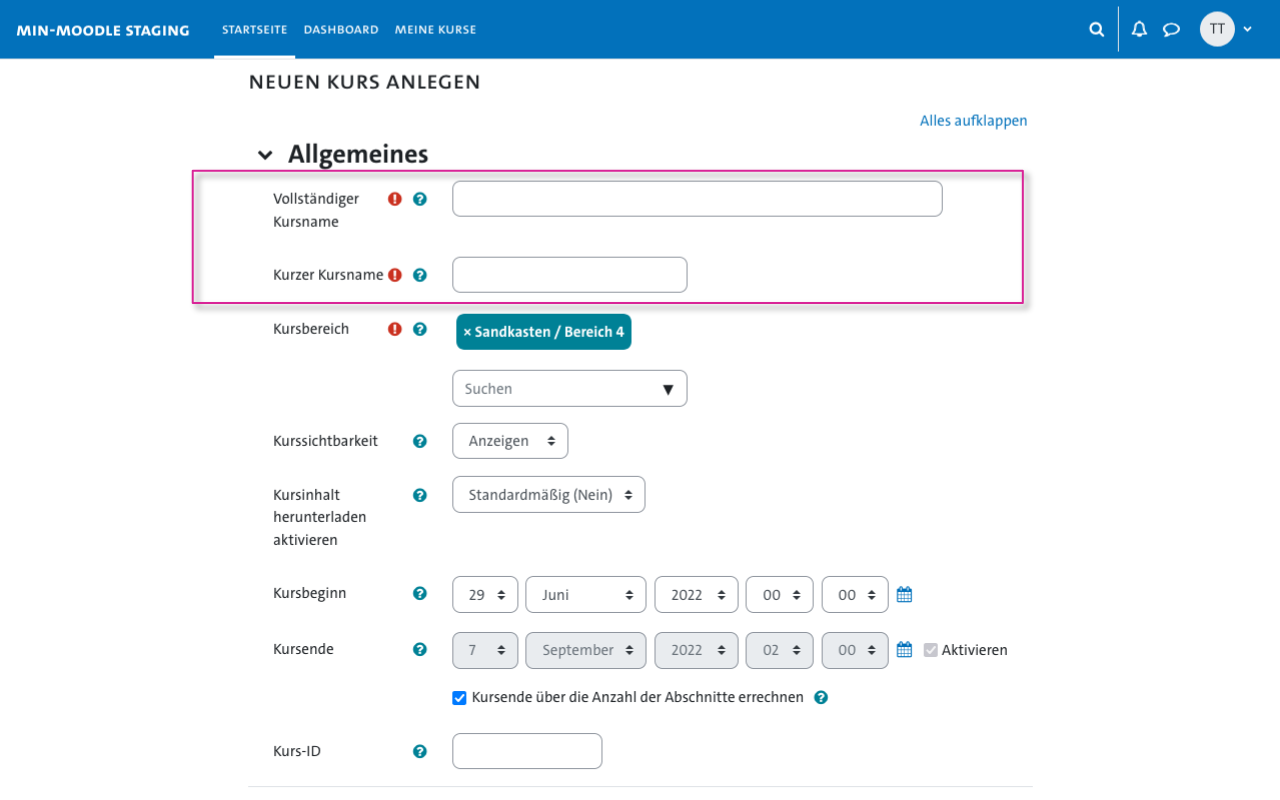 Formular zum Kurs erstellen in MIN-Moodle - Kursname