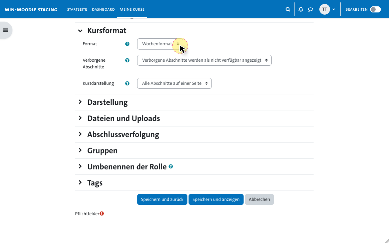 Formular zum Kurs erstellen in MIN-Moodle - Kursformat