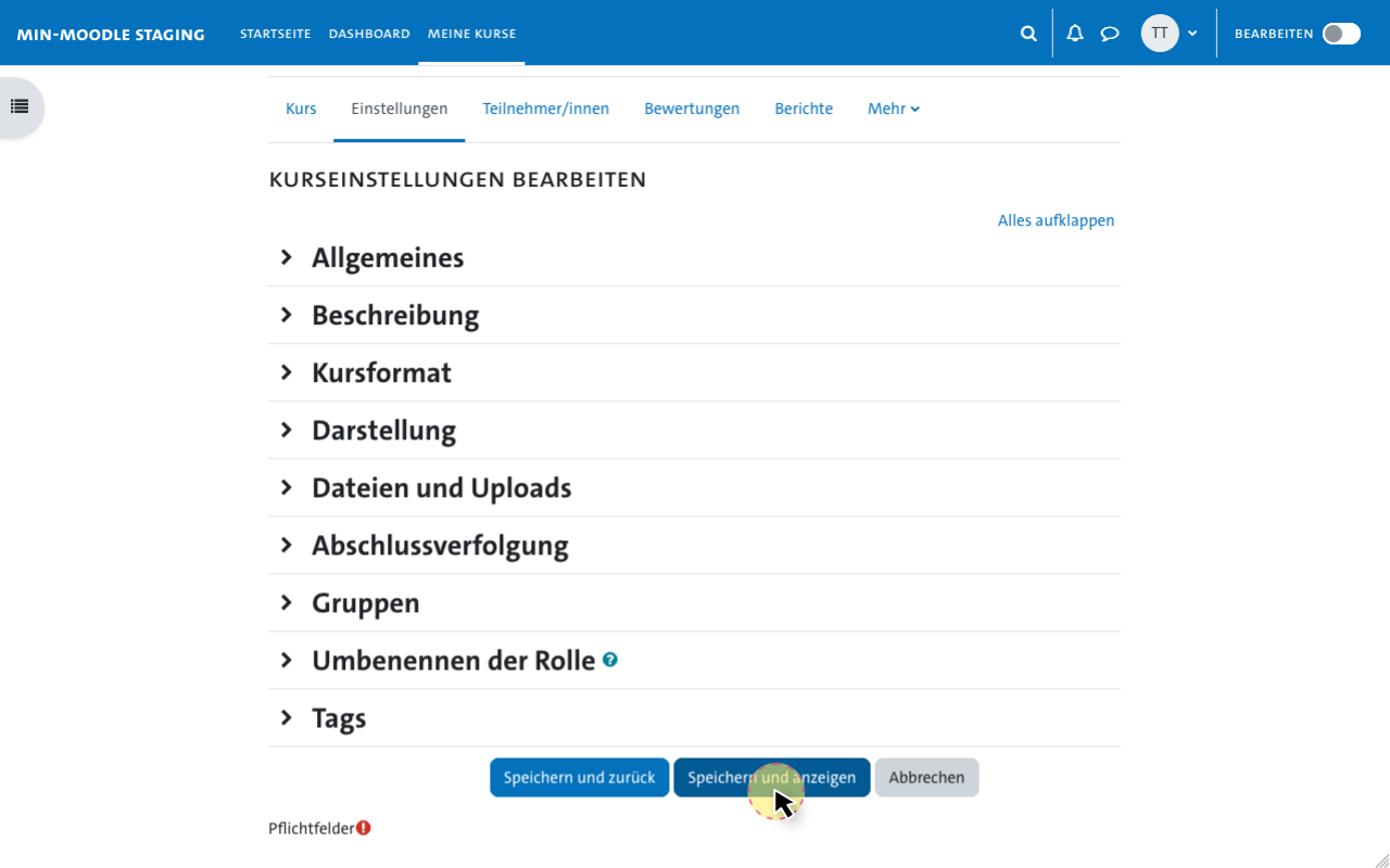 Formular zum Kurs erstellen in MIN-Moodle - Kurs speichern und anzeigen
