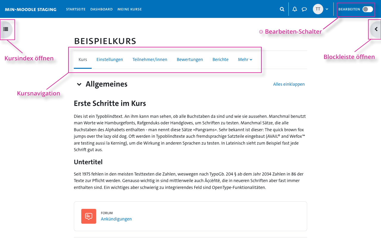 Moodle-Kursseite - Navigationsbereiche