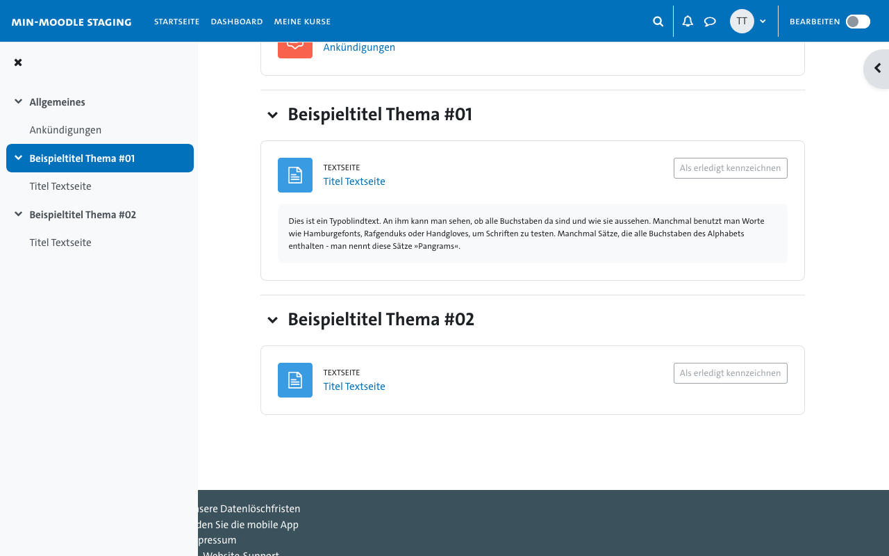 Moodle-Kursseite - Kursindex