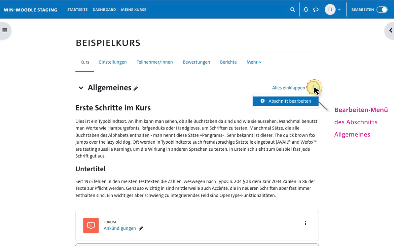 Moodle-Kursseite - Bearbeiten Menüs