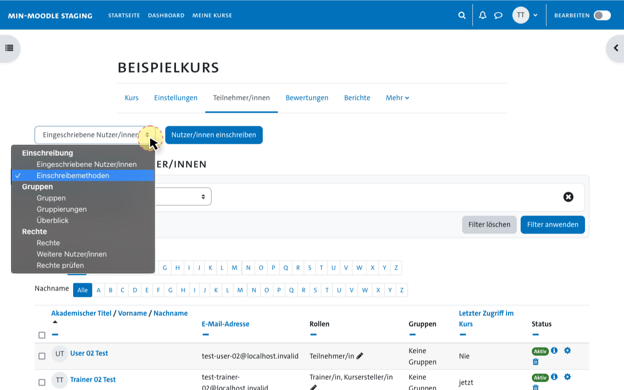 Menüpfad zum Aktivieren der Selbsteinschreibung in MIN Moodle (Teil 2/2)
