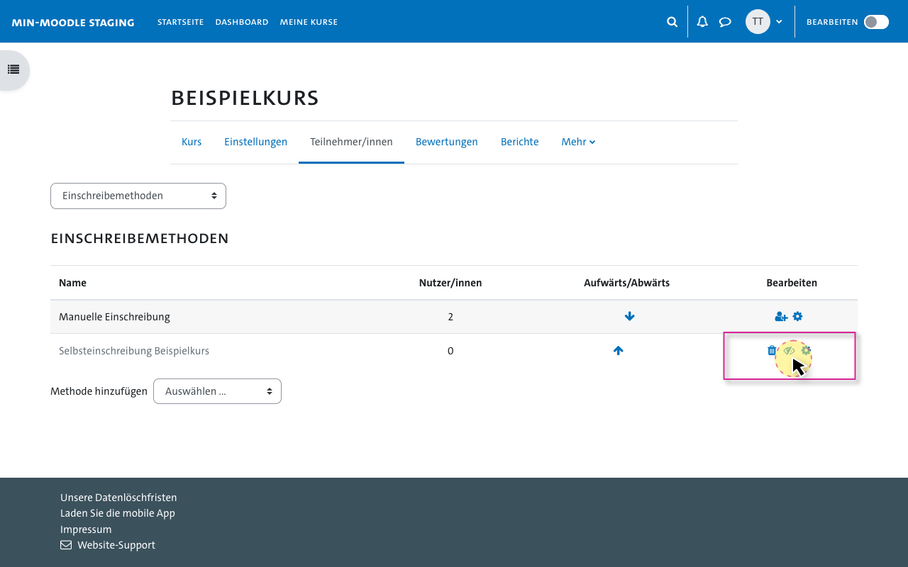 aktivierte Selbsteinschreibung bei nicht durchgestrichenem Augensymbol