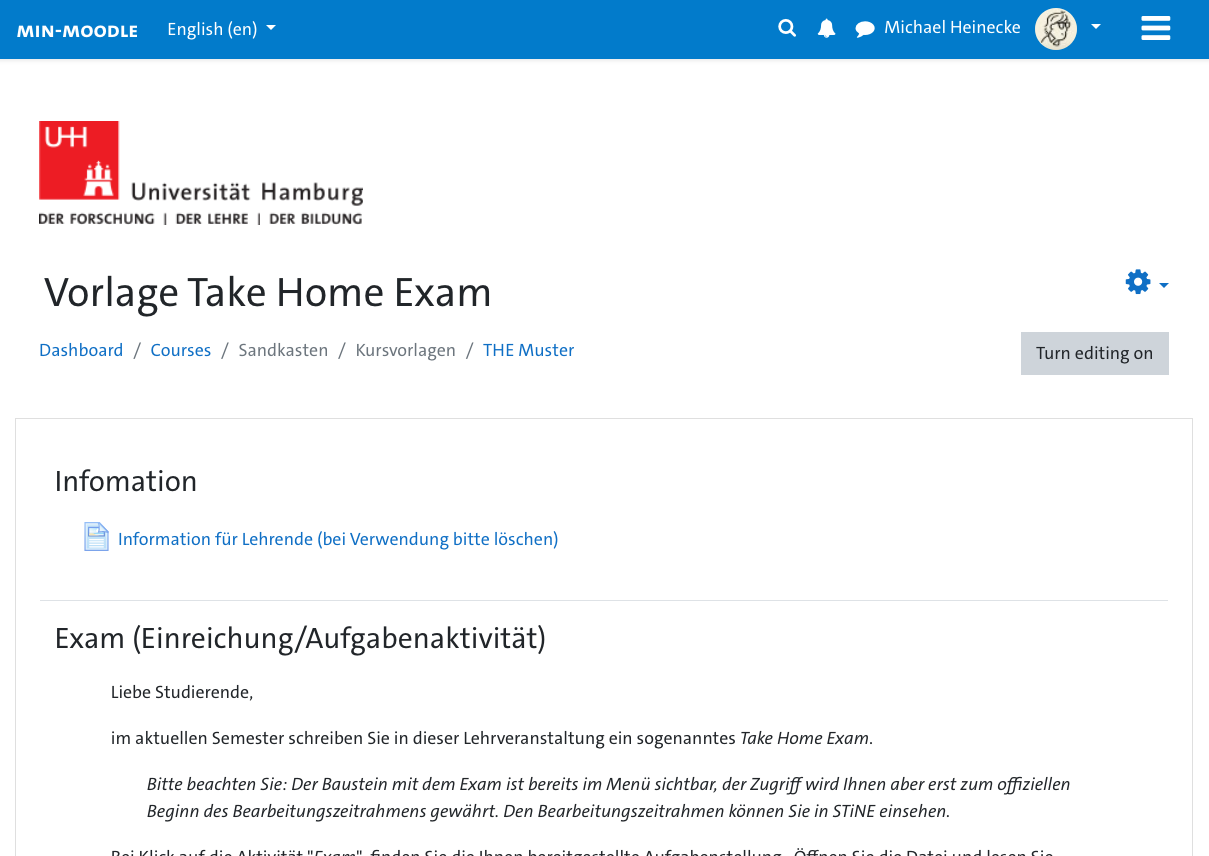 Screenshot: Moodle mit THE Vorlage