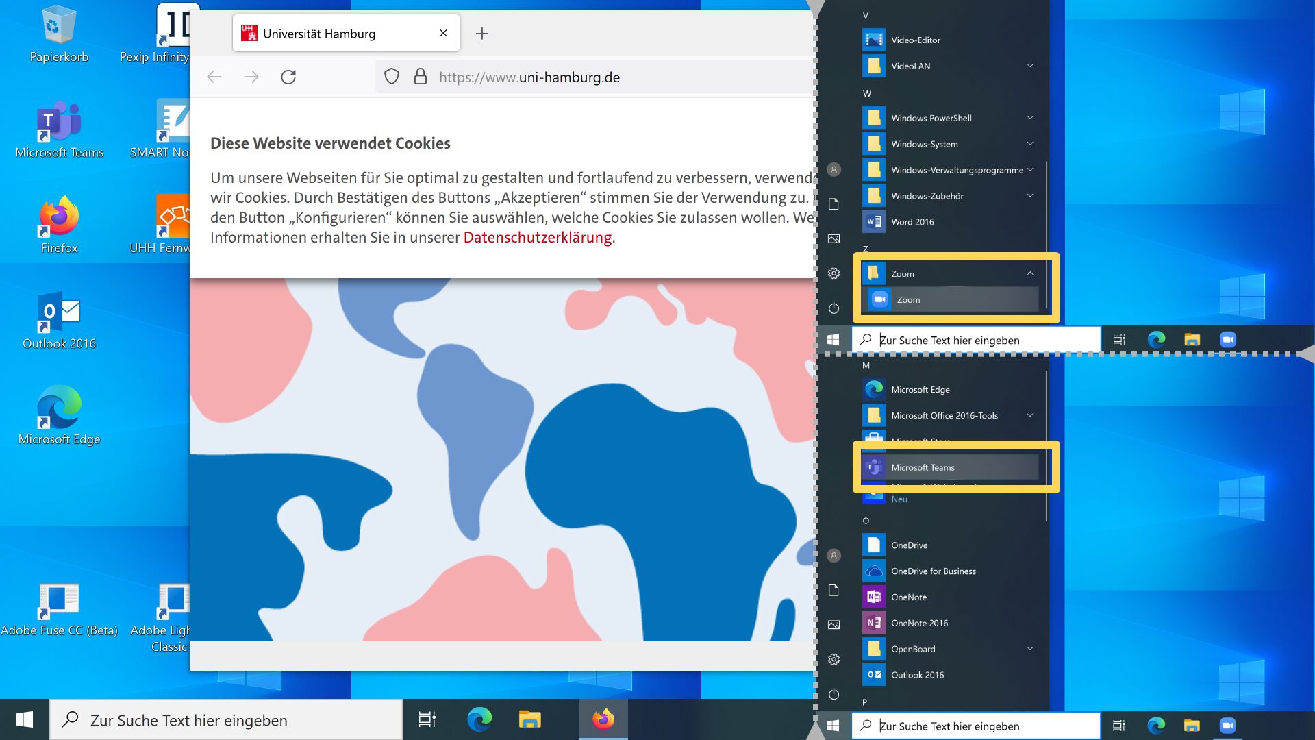 Bilderstrecke mit drei Screenshots: Windows-Desktop, ZOOM-App im Startmenü, Microsoft-Teams-App im Startmenü.