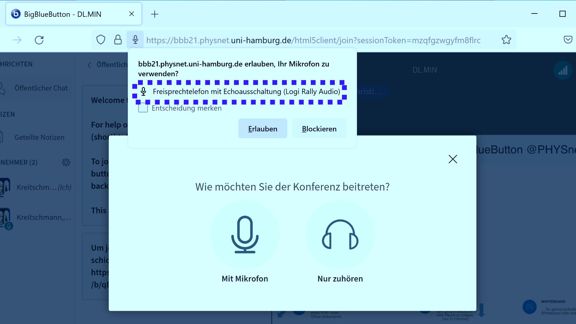Screenshot des Dialogs zur Freigabe des Mikrofons in Big Blue Button.