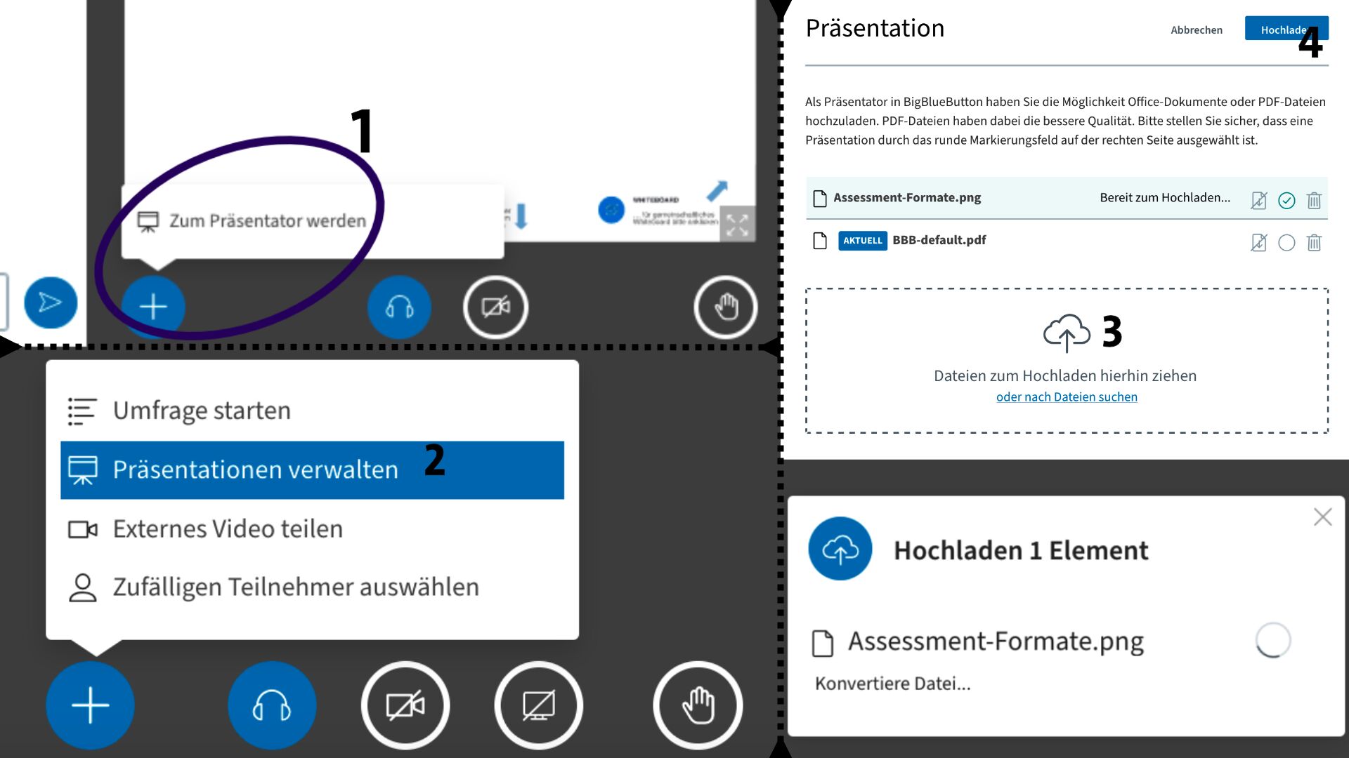 Bildstrecke mit vier Screenshots: Das Hochladen von Präsentationen in BBB wird gezeigt.