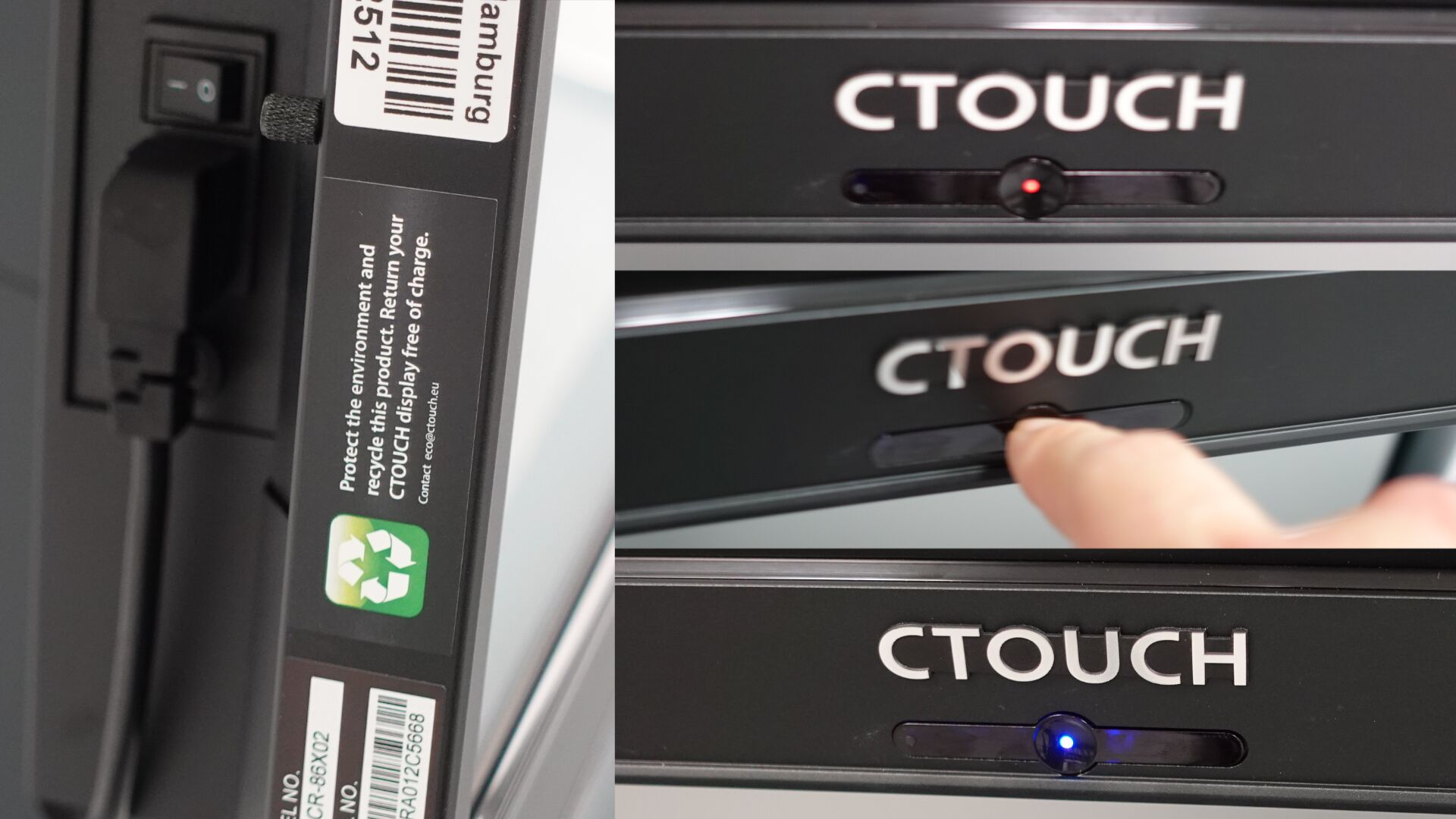 Bilderstrecke: Einschaltknopf links neben dem Display. Button auf der Vorderseite in Ein- und Aus-Modus