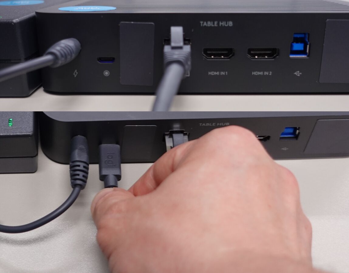 Bilderstrecke, die den Anschluss für die Mikrofone beschreibt. Eine Hand steckt das Kabel in den zweiten Anschluss von links.