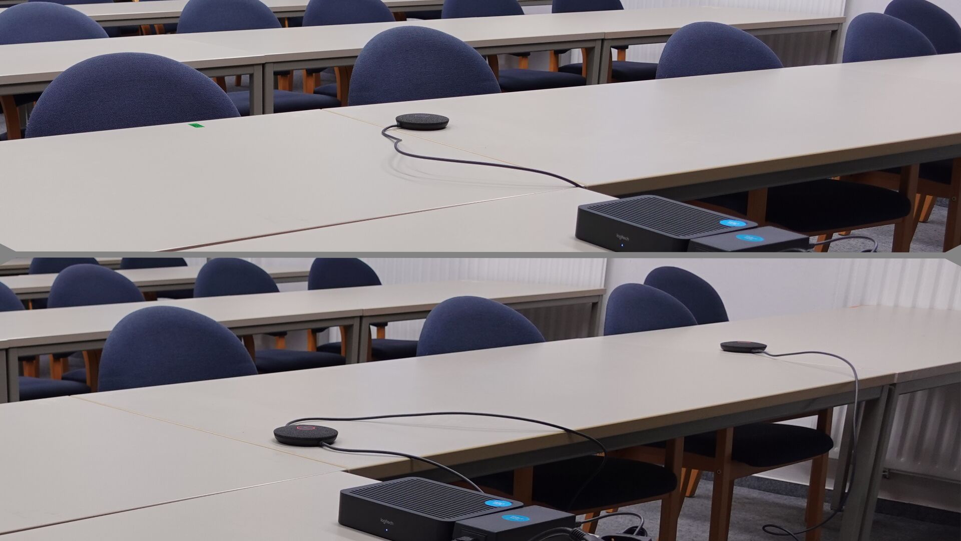 Bilderstrecke, die zeigt, wie ein Mikrofon oder zwei Mikrofone nebeneinander auf den Tischen einer Tischreihe verteilt werden können.