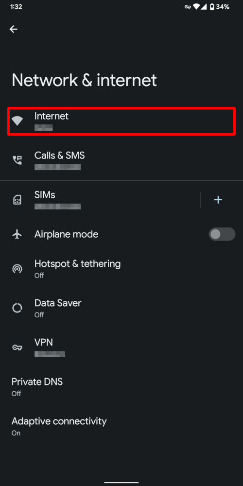 Screenshot: Network & internet