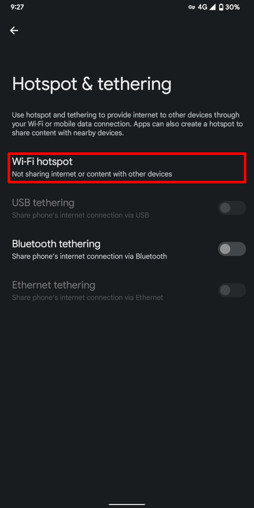 Screenshot: Hotspot & tethering