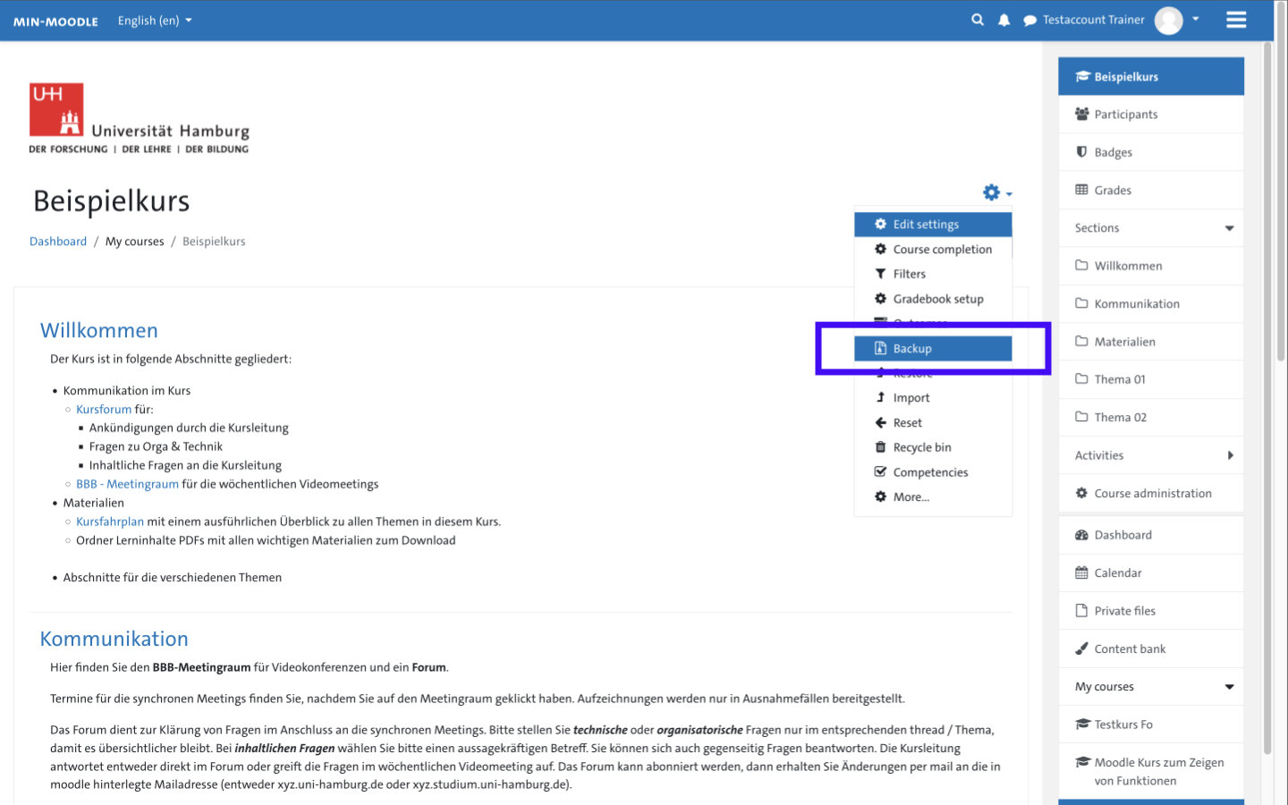 Screenshot: Course settings menu - Backup