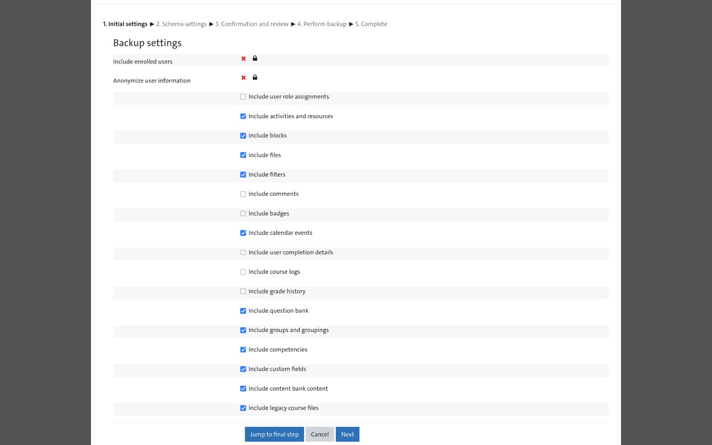 Screenshot: Backup settings dialog box