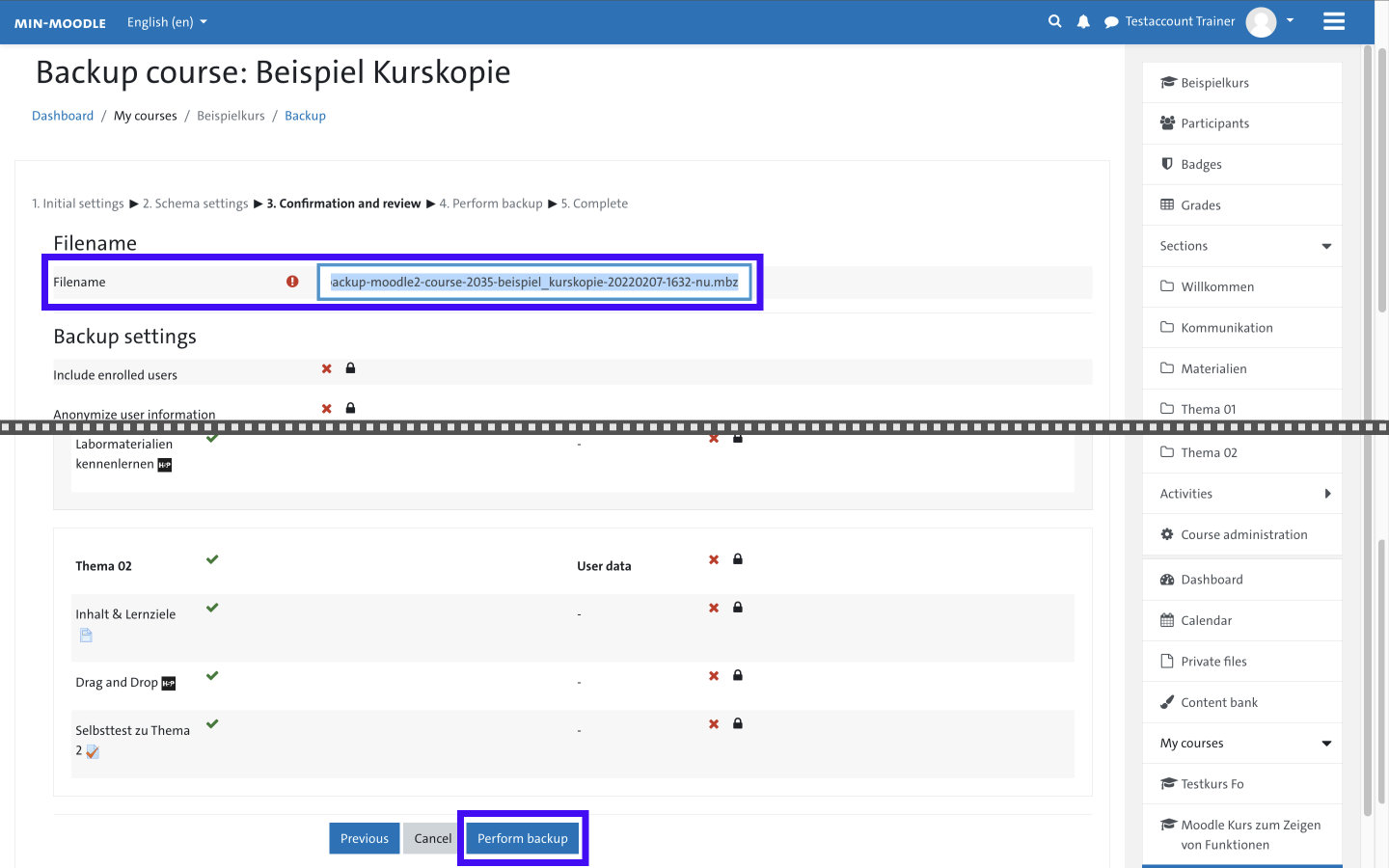 Screenshot: Backup settings dialog box - Confirmation and review