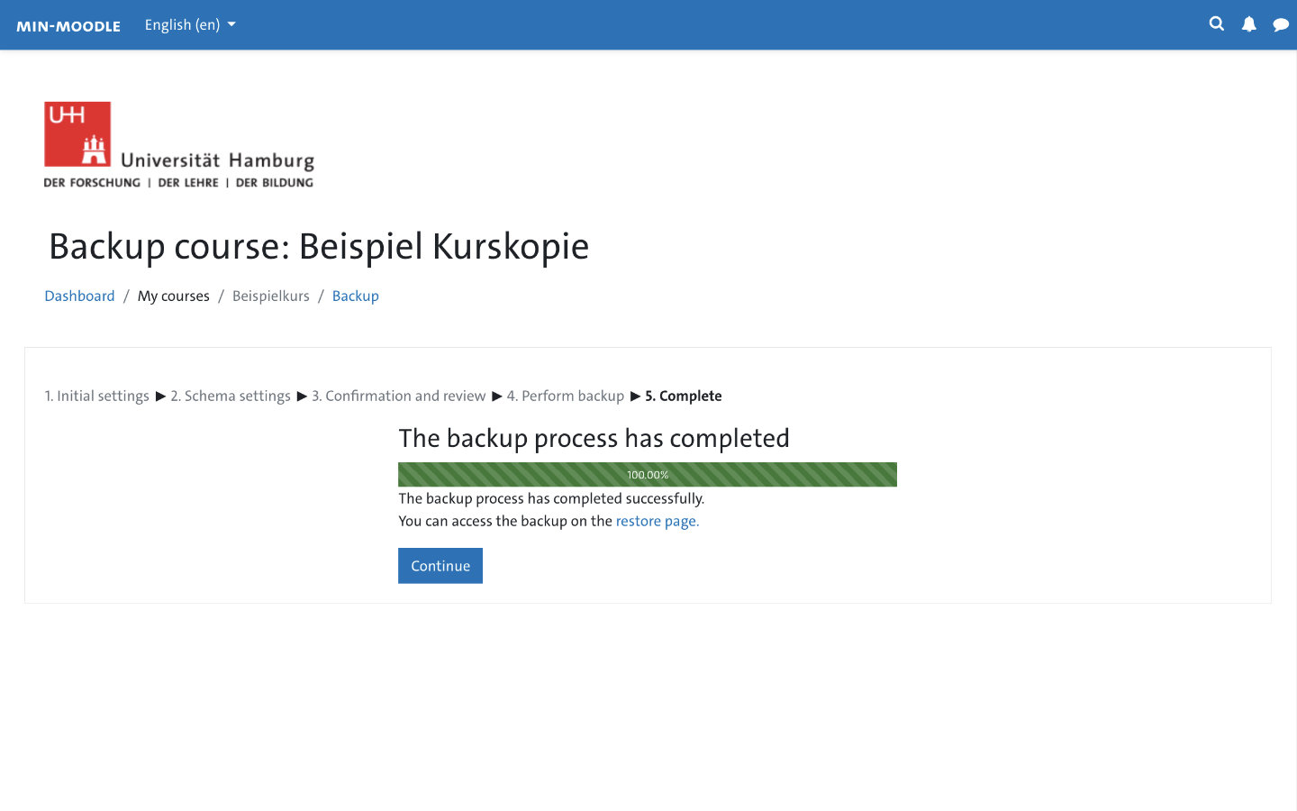 Screenshot: Backup settings dialog box - backup completed