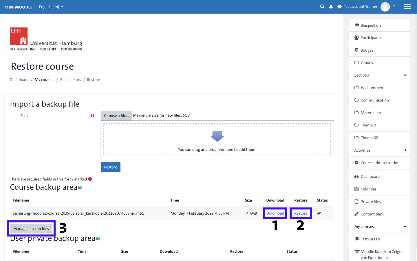 Screenshot: Restore course page