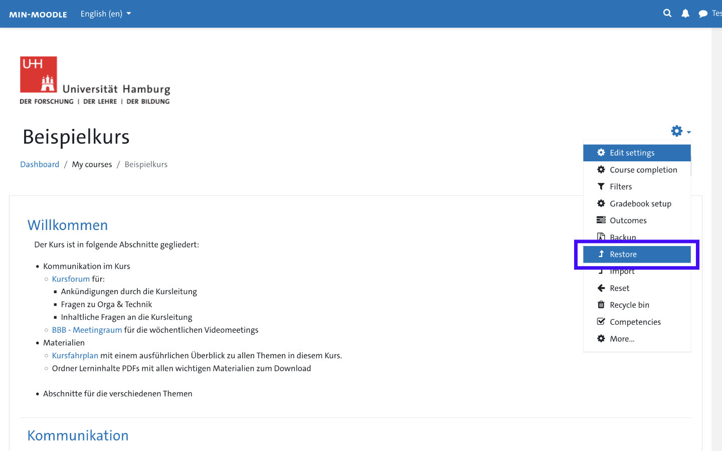 Screenshot: Course Settings - Restore Menu