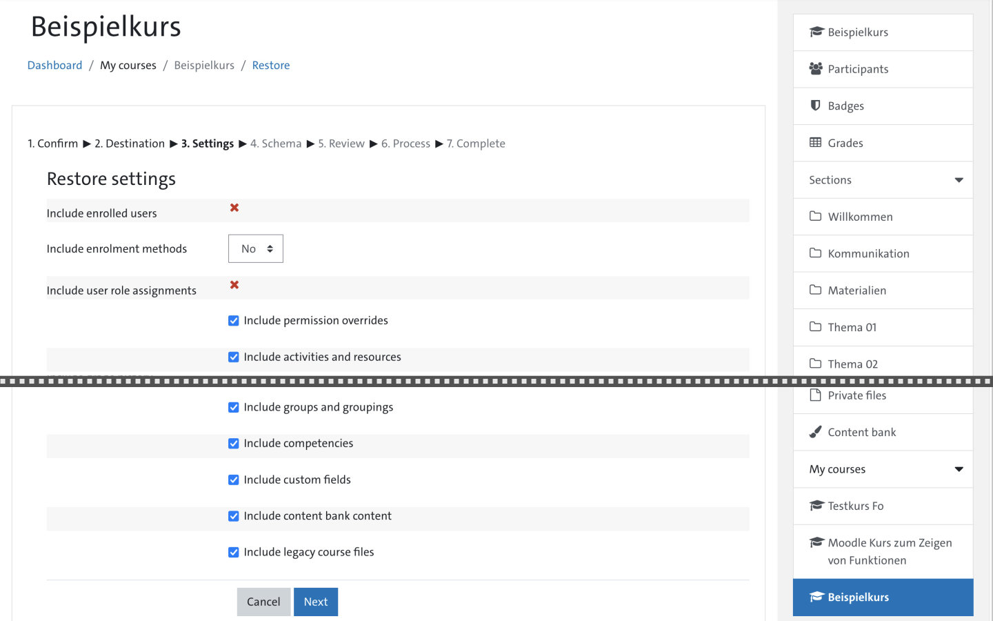 Screenshot: Restore Backup dialog box - 3. Settings