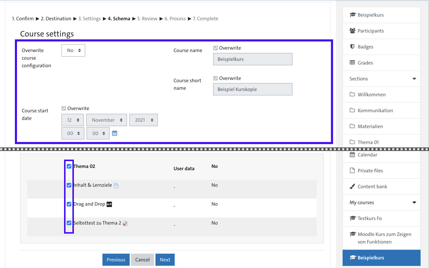Screenshot: Restore Backup dialog box - 4. Schema