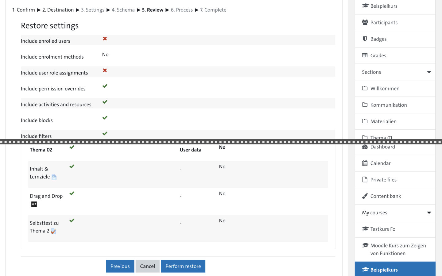Screenshot: Restore Backup dialog box - 5. Review