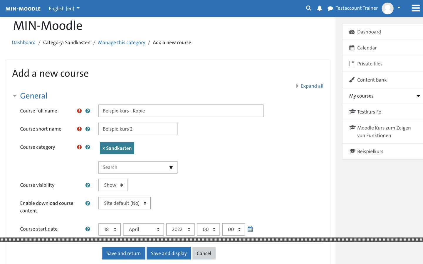 Screenshot: Course creation settings