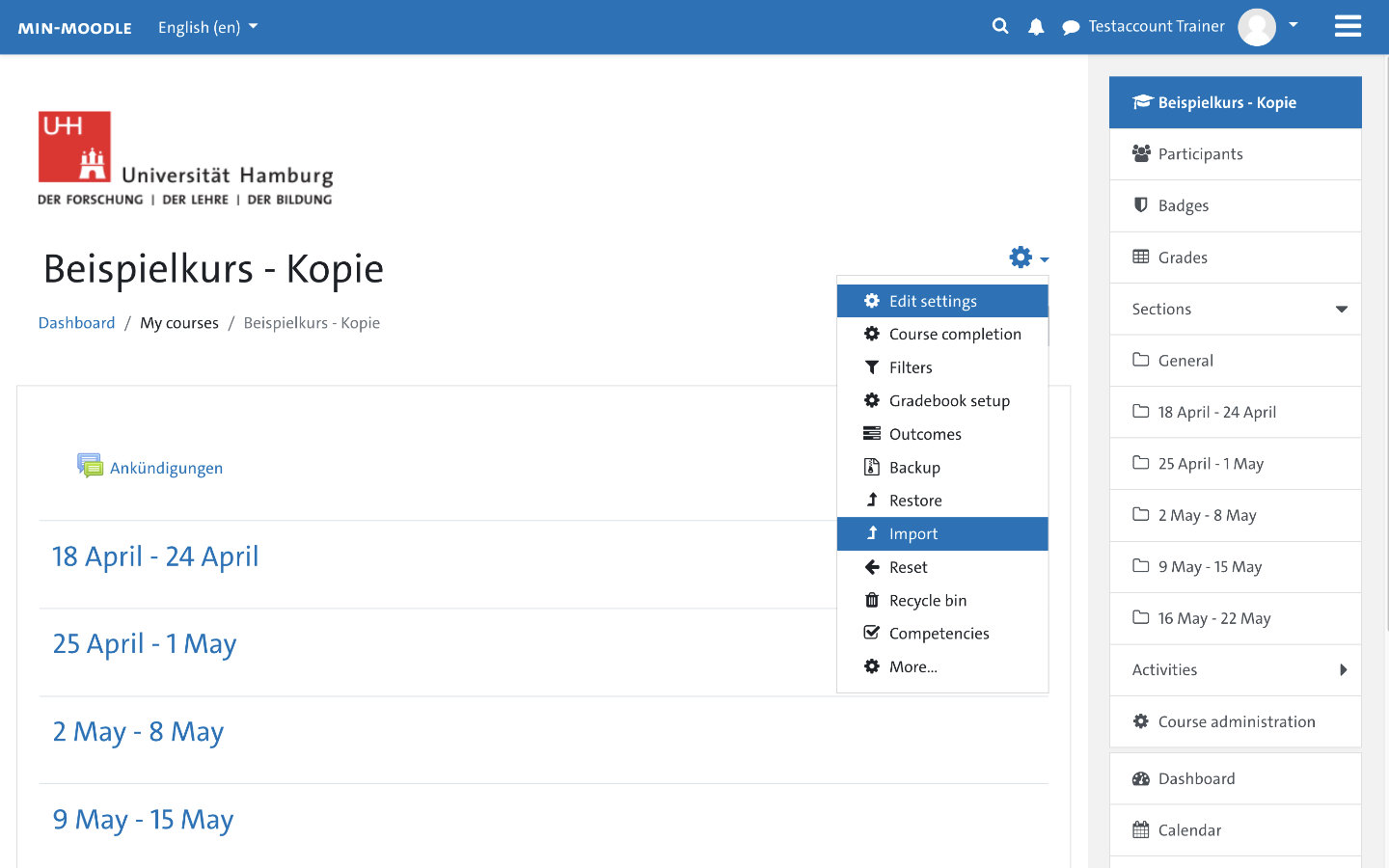 Screenshot: Course settings - import menu