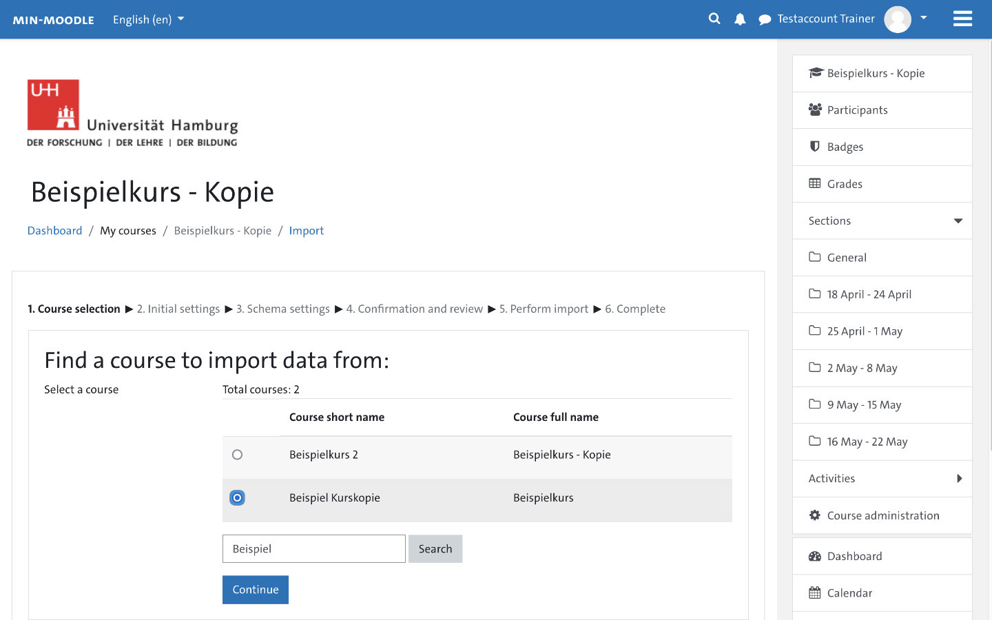 Screenshot: Course import dialog box - 1st course selection