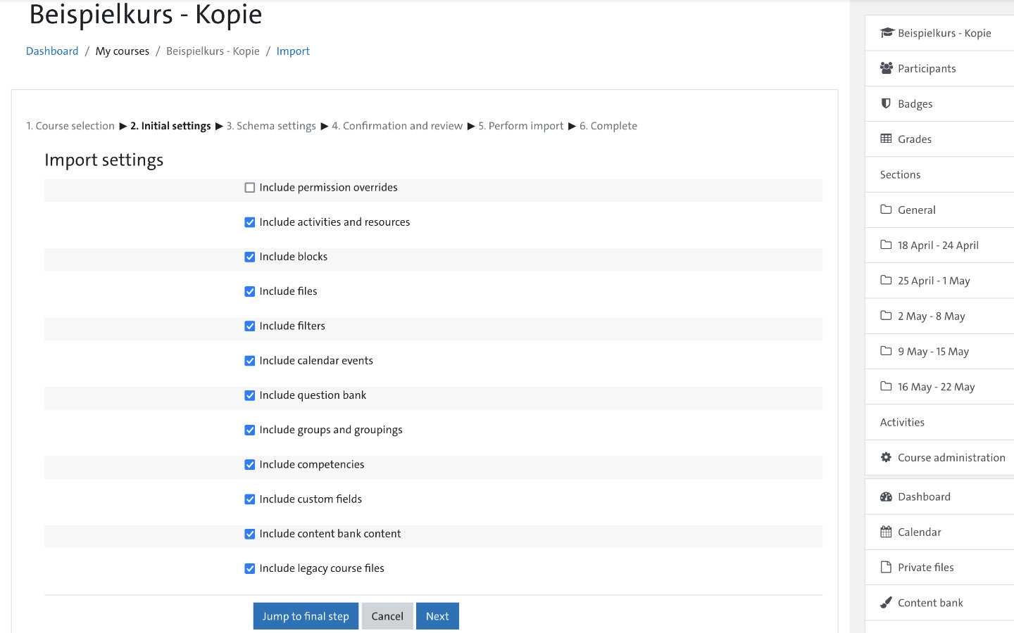 Screenshot: Course import dialog box - 2nd basic setting