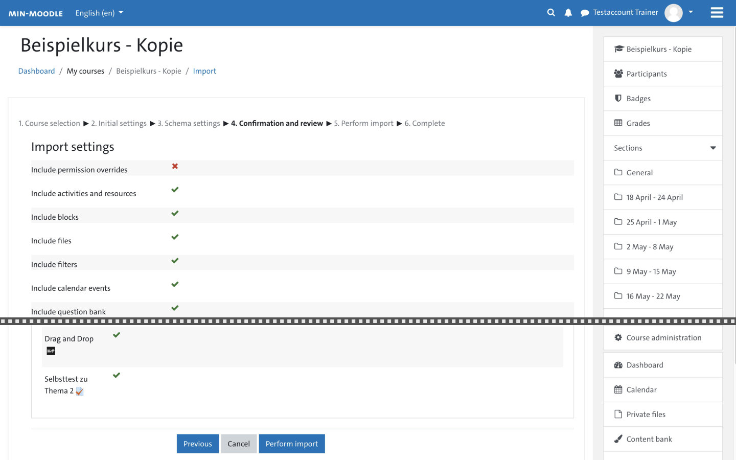 Screenshot: Course import dialog box - 4th confirmation and verification