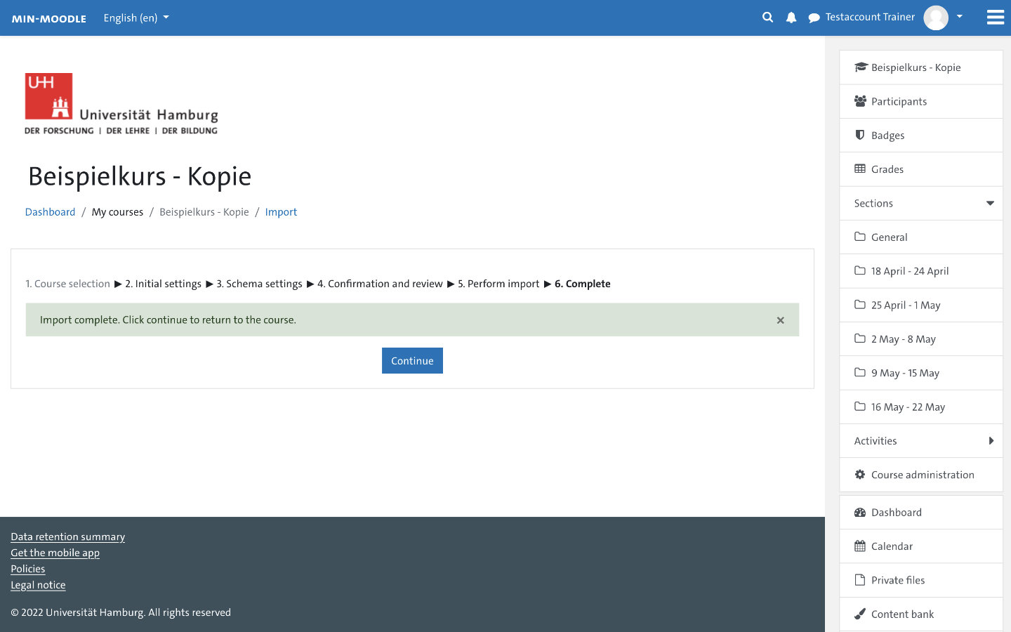 Screenshot: Course import dialog box - import completed 